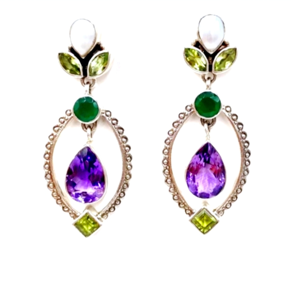 NICKY BUTLER Designer 925 Sterling Silver Amethyst Peridot Pearl NB Earrings NWT